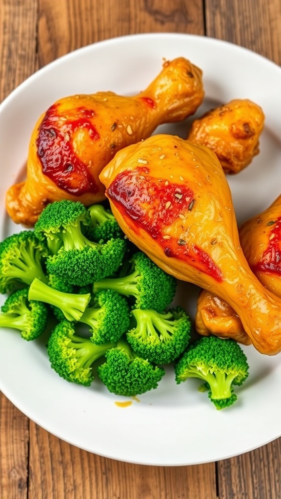 Oven-baked chicken drumsticks with steamed broccoli on a plate, garnished with herbs.